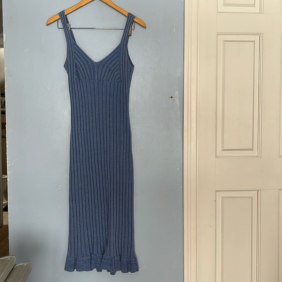 Ronny Kobo Miria Blue Combo Knit Cotton Linen Sleeveless Ruffle Hem Dress - Picture 2 of 10